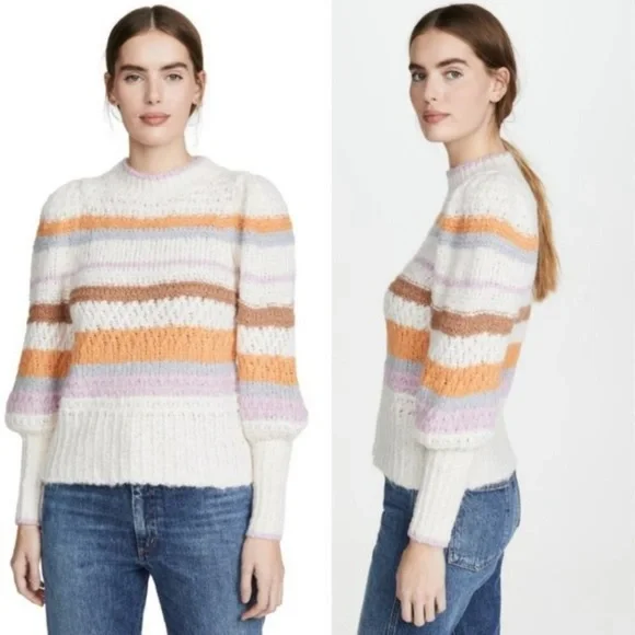 Rebecca Taylor Alpaca Blend Fluffy Striped Pullover Sweater 986 Multi Combo - Picture 5 of 13